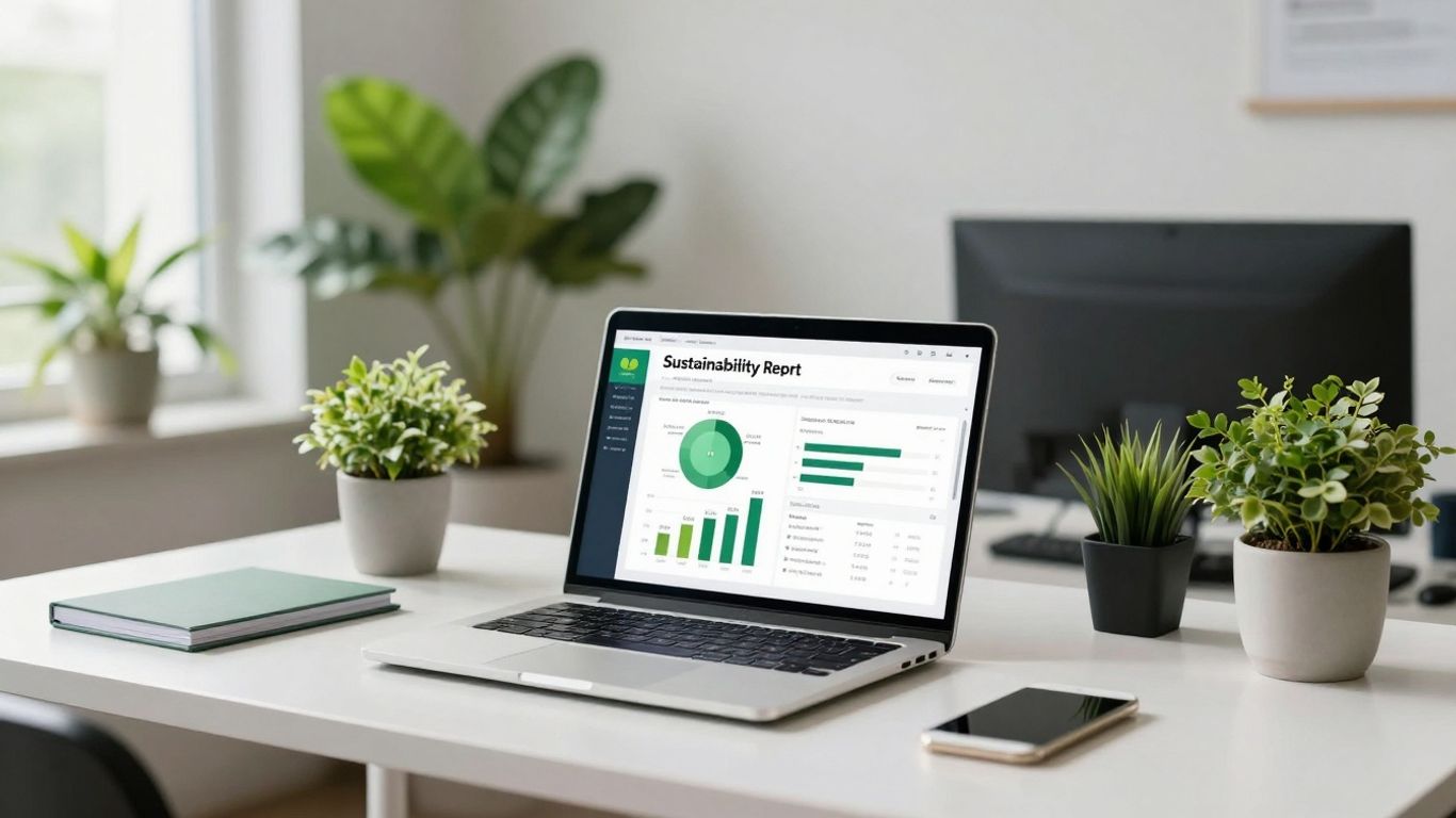 Sustainability report on a desk with plants.