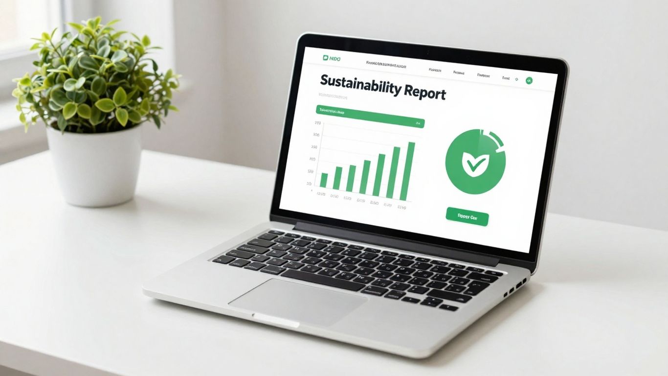 Sustainability report template on a laptop screen.