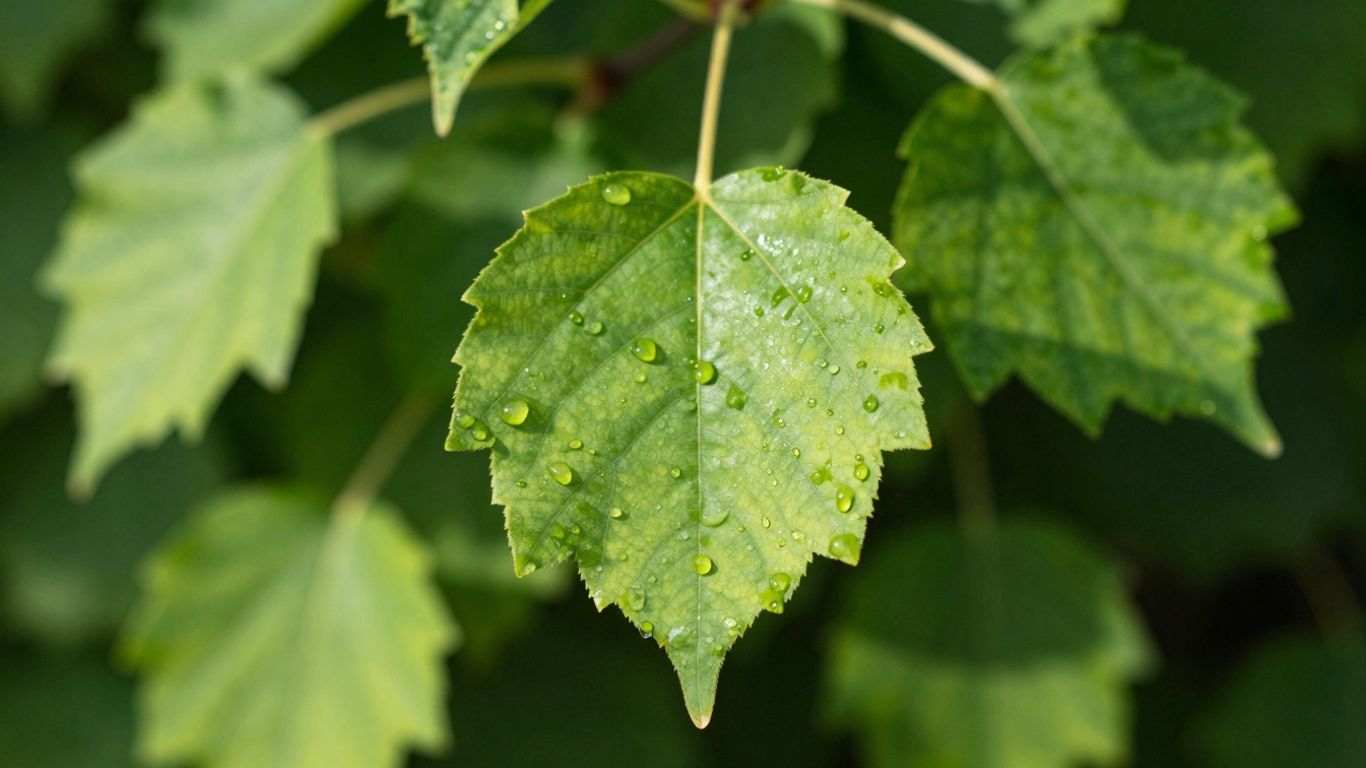 Green leaf with dew drops, symbolizing environmental progress.