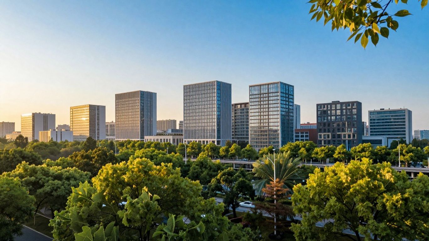 Sustainable cityscape with green buildings and clear skies.