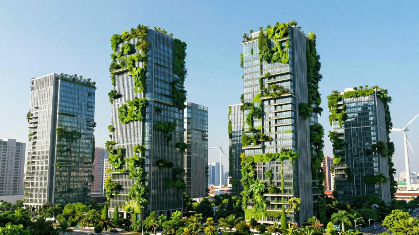Sustainable cityscape with eco-friendly skyscrapers and wind turbines.