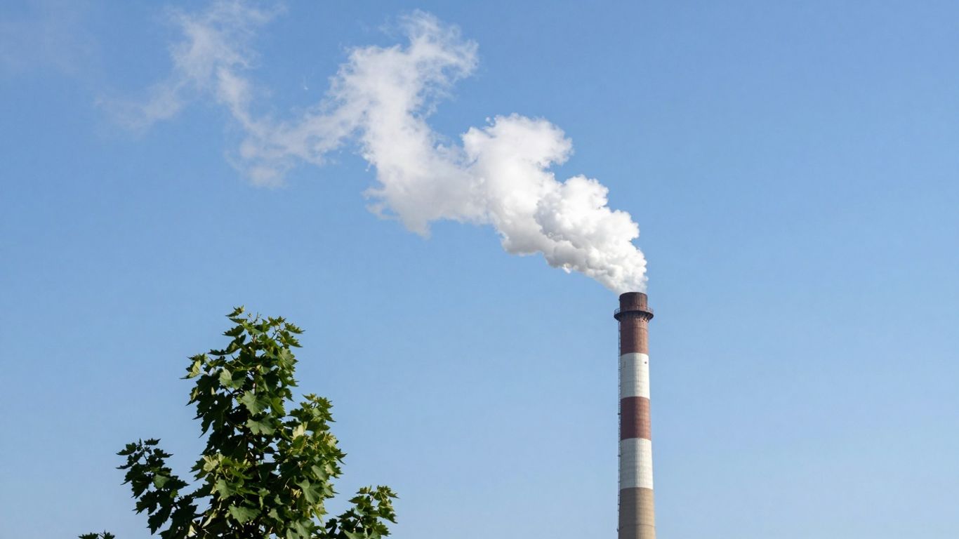 Factory chimney emitting smoke near a green plant.