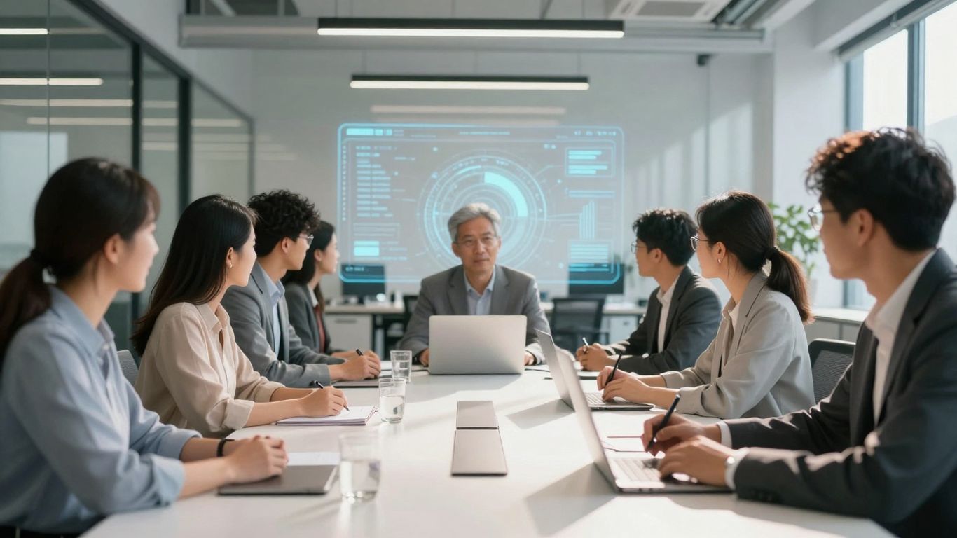 Professionals collaborating in a modern office, looking towards a bright future.
