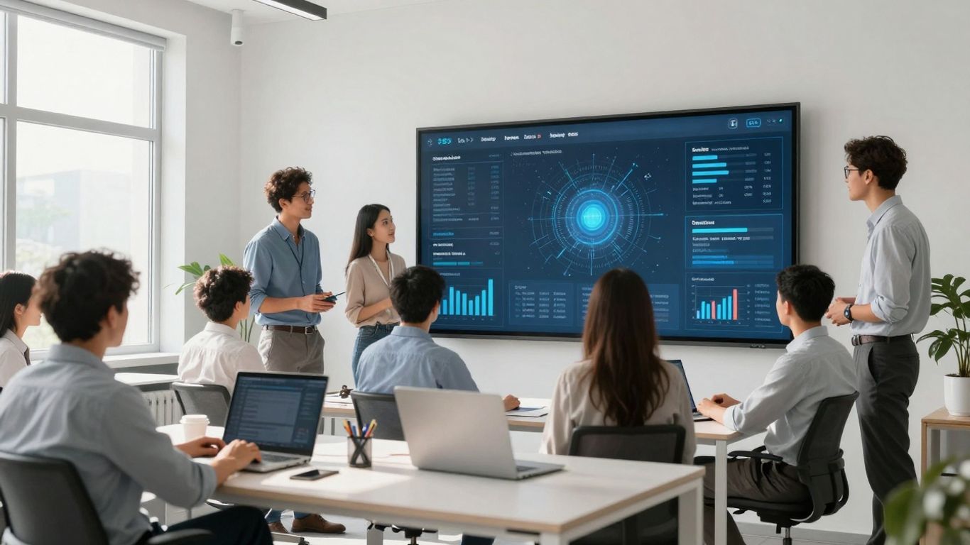 Team reviewing sustainability data on a digital interface.