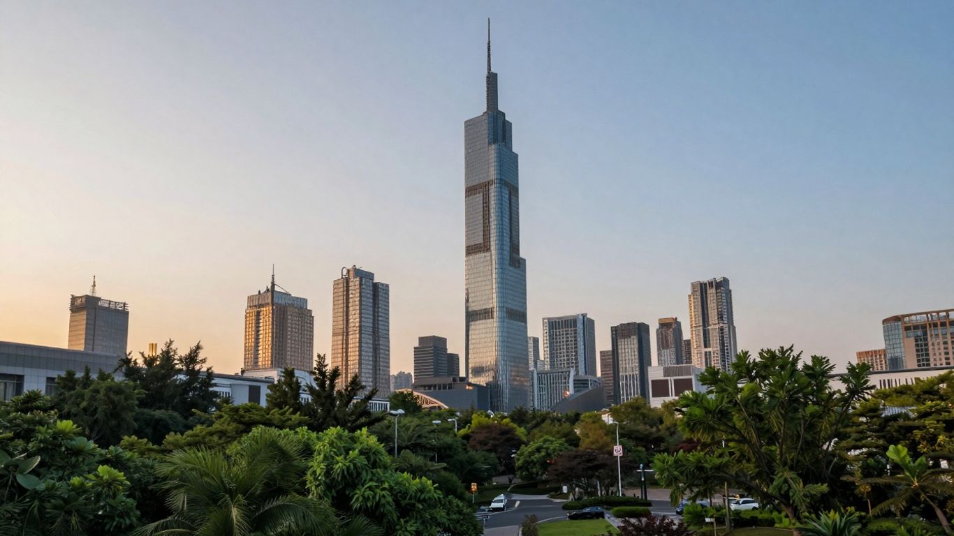 Goldman Sachs building with green trees and city lights.
