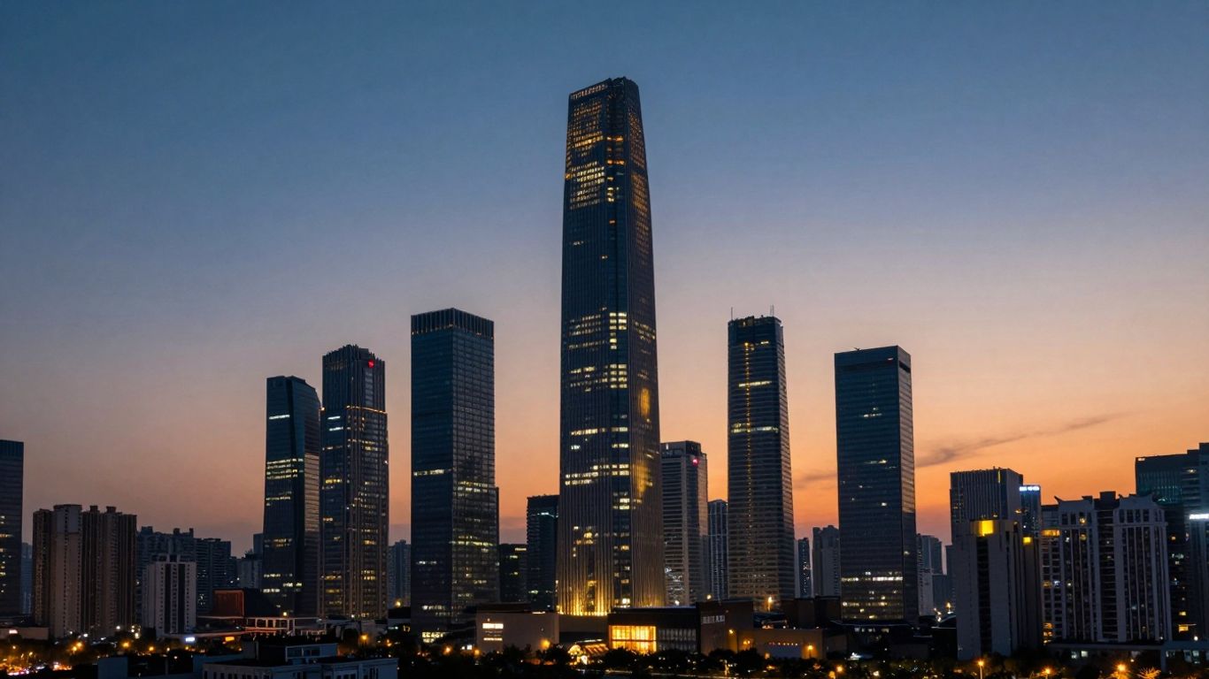 Goldman Sachs building with golden light at dusk.