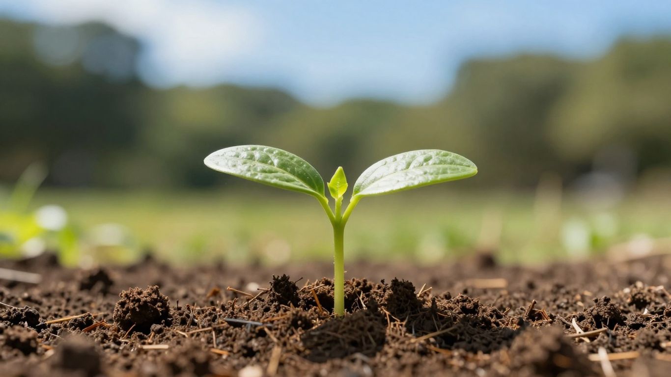 Green seedling growing in soil with trees and sky.