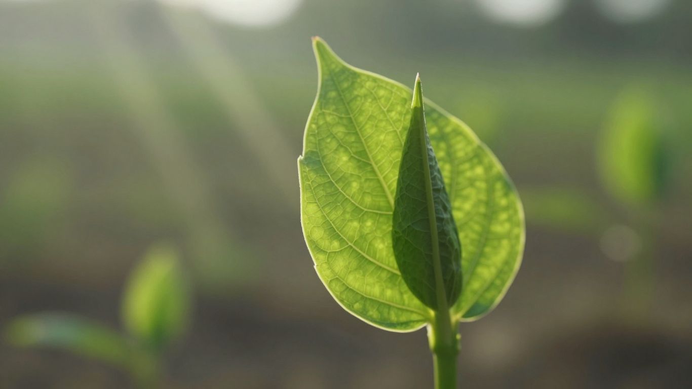 Green leaf unfurling with light rays, natural background.