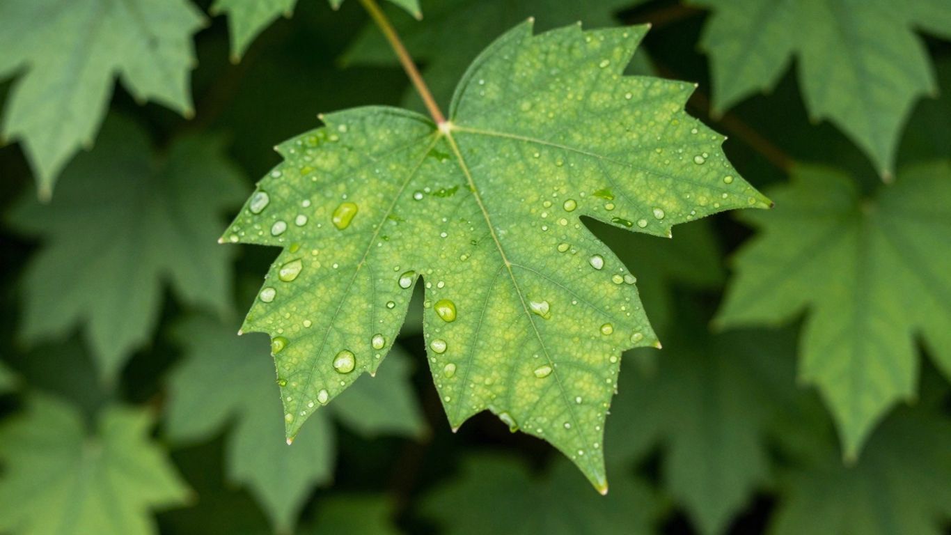 Green leaf with dew drops, natural lighting.