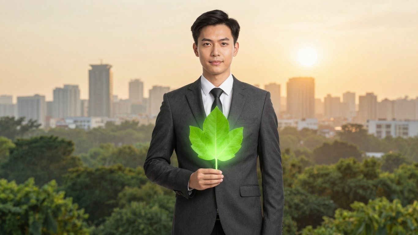 Person holding a green leaf with city and forest background.