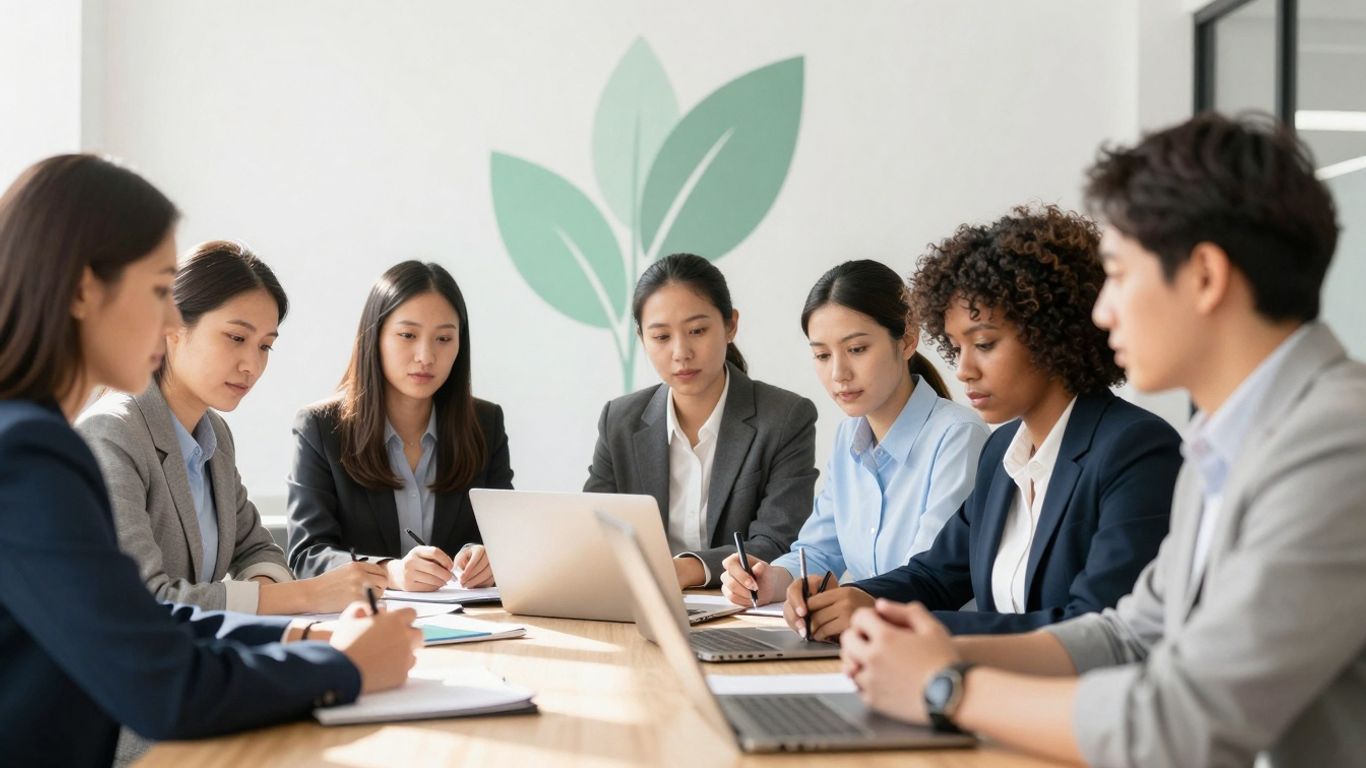 Professionals collaborating in a bright, modern office with green accents.