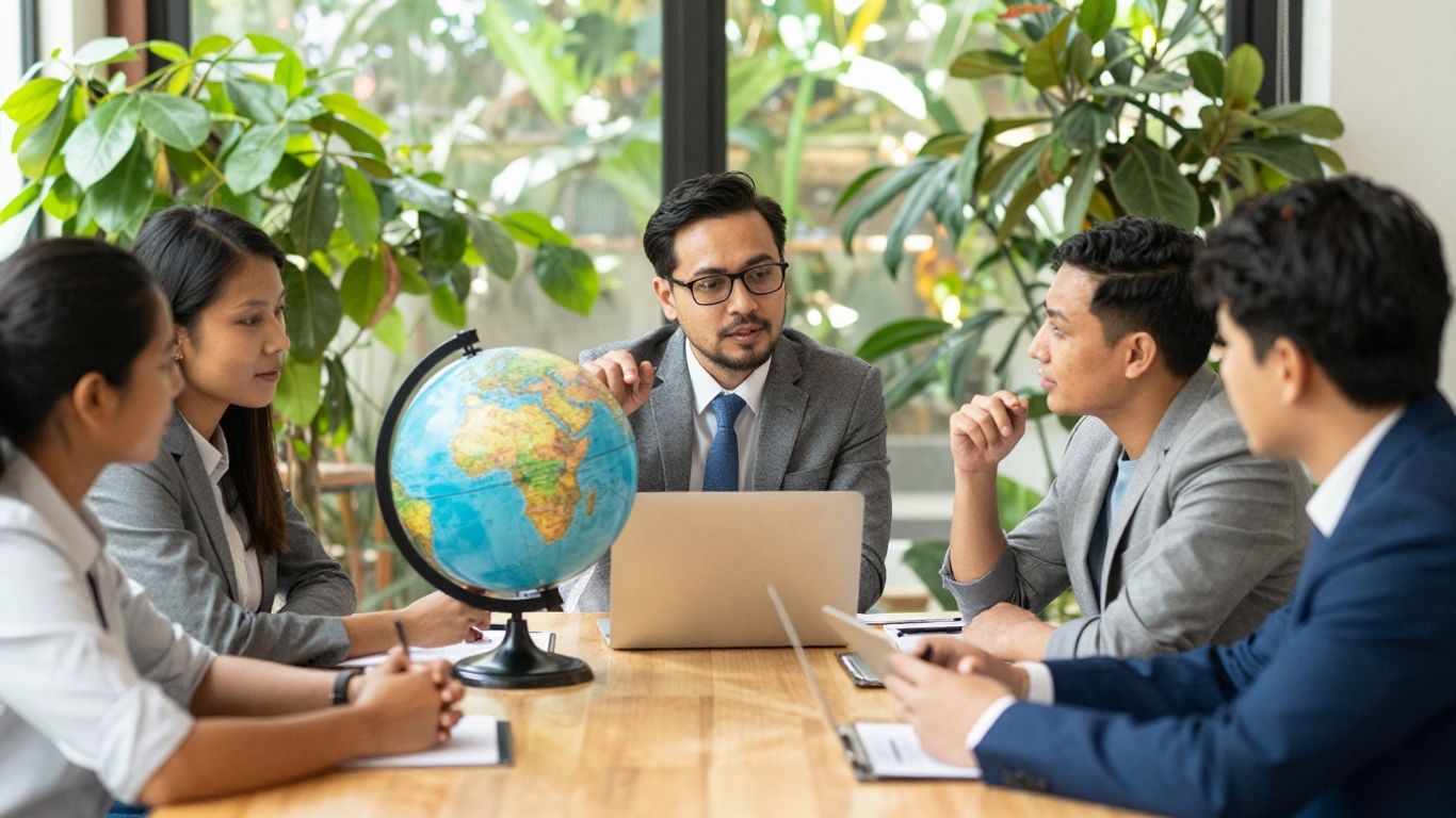 Professionals discussing global sustainability and growth.