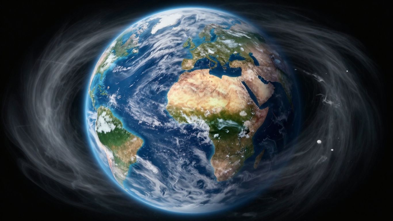 Earth from space with atmospheric gases and sunlight.