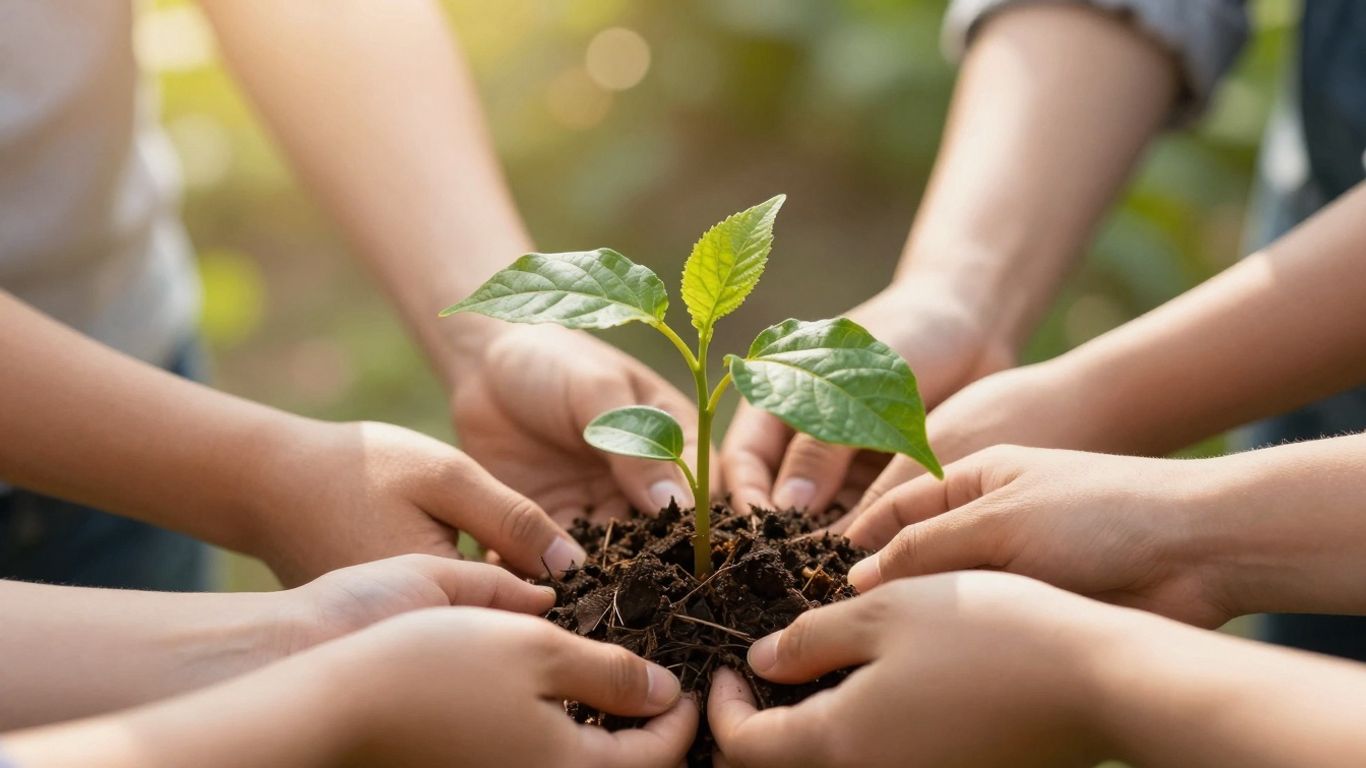 Hands nurturing a green sapling, symbolizing sustainable growth.
