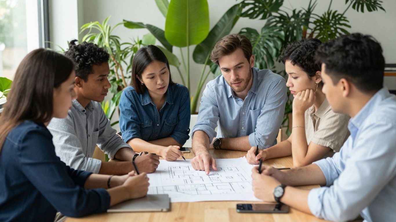Professionals discussing sustainability management future.