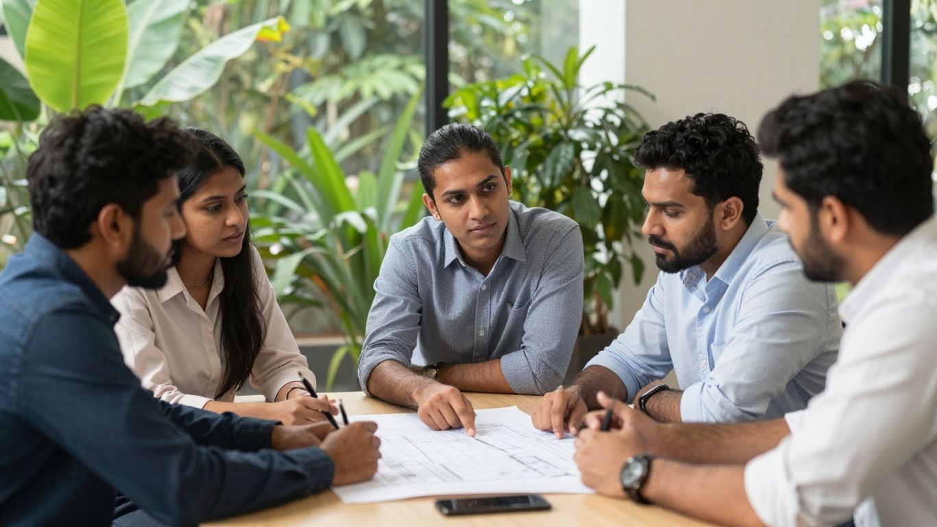 Professionals discussing sustainability in a bright, green office.