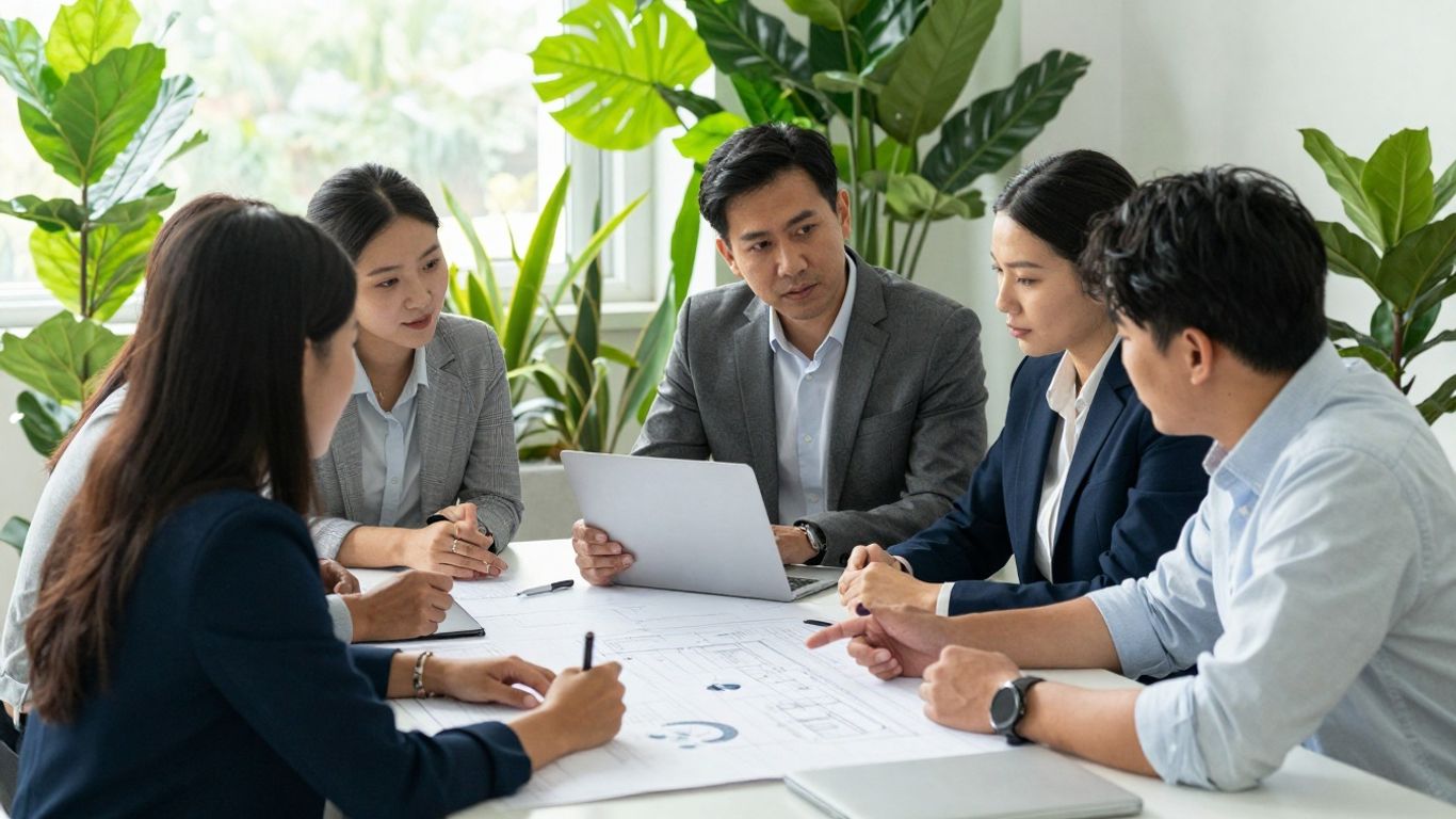 Professionals discussing sustainability leadership with plants.