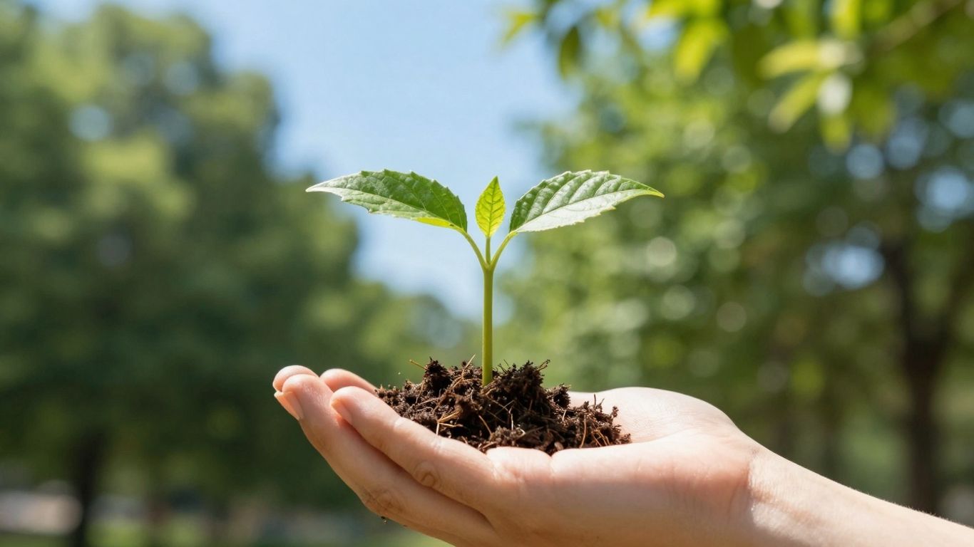 Green seedling growing from a hand, symbolizing growth.