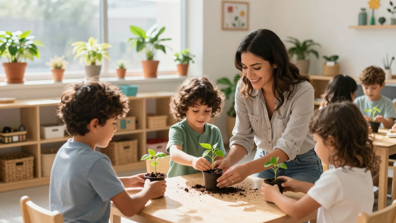 Children learning about sustainability in a bright childcare center.