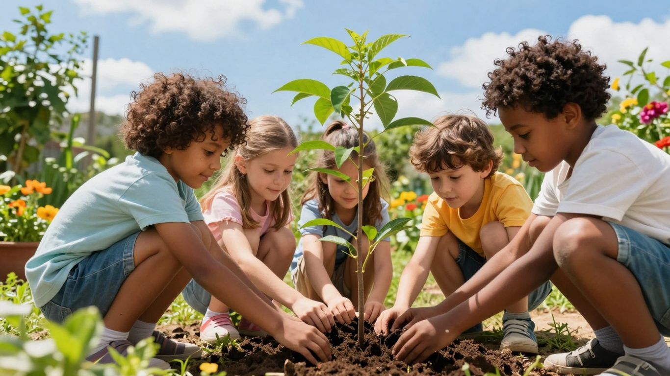 Children planting a tree in a sunny garden.