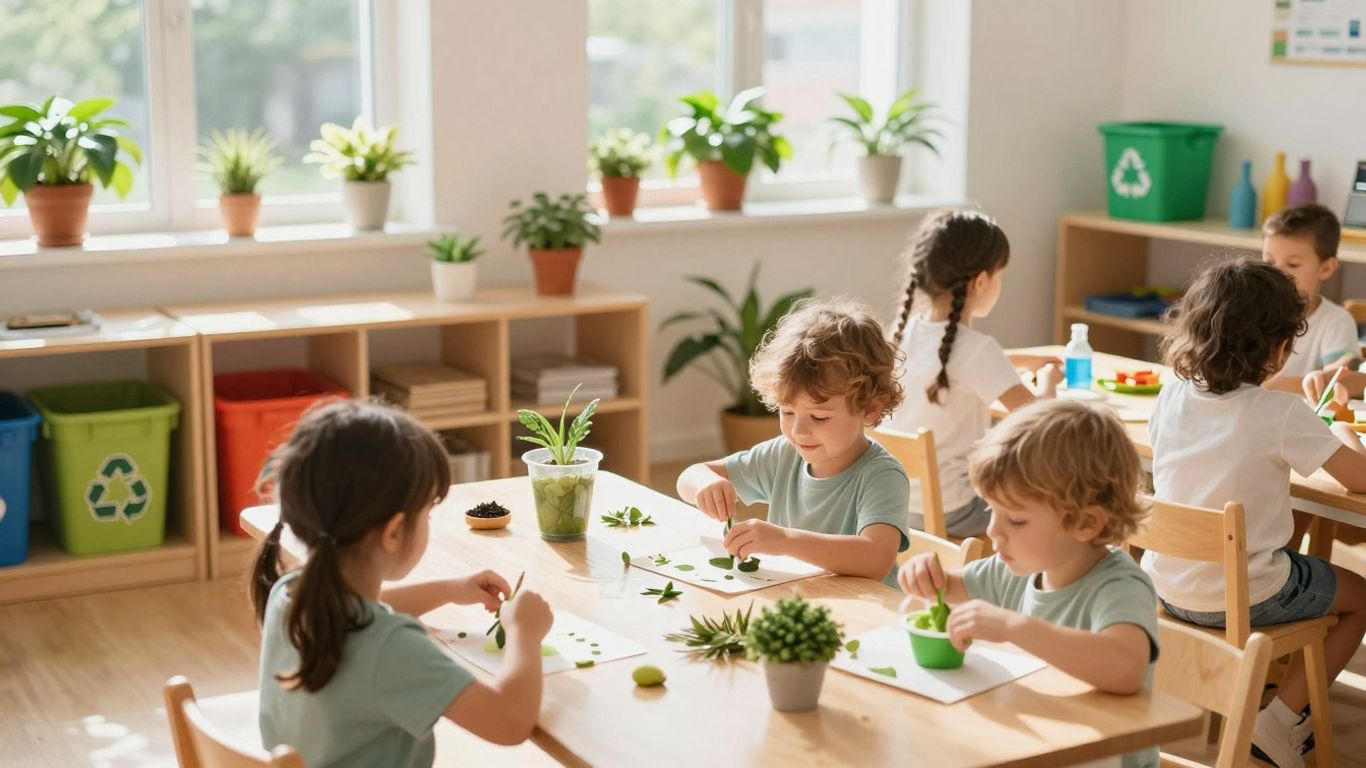 Children learning about sustainability in a bright, green childcare classroom.