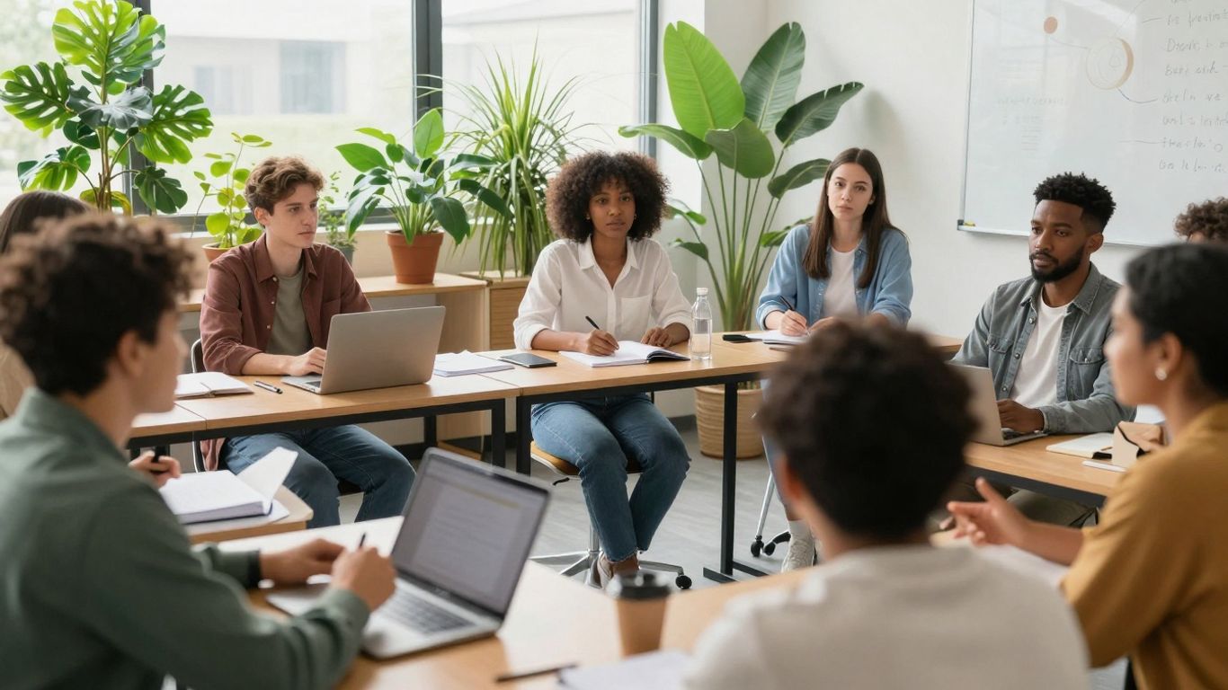 MBA students in a bright, green classroom discussing sustainability.