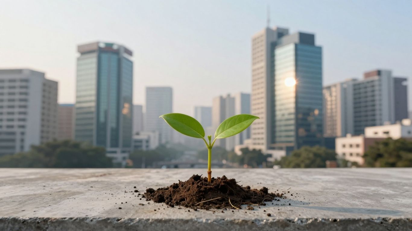Indian cityscape with a green sapling symbolizing sustainability.