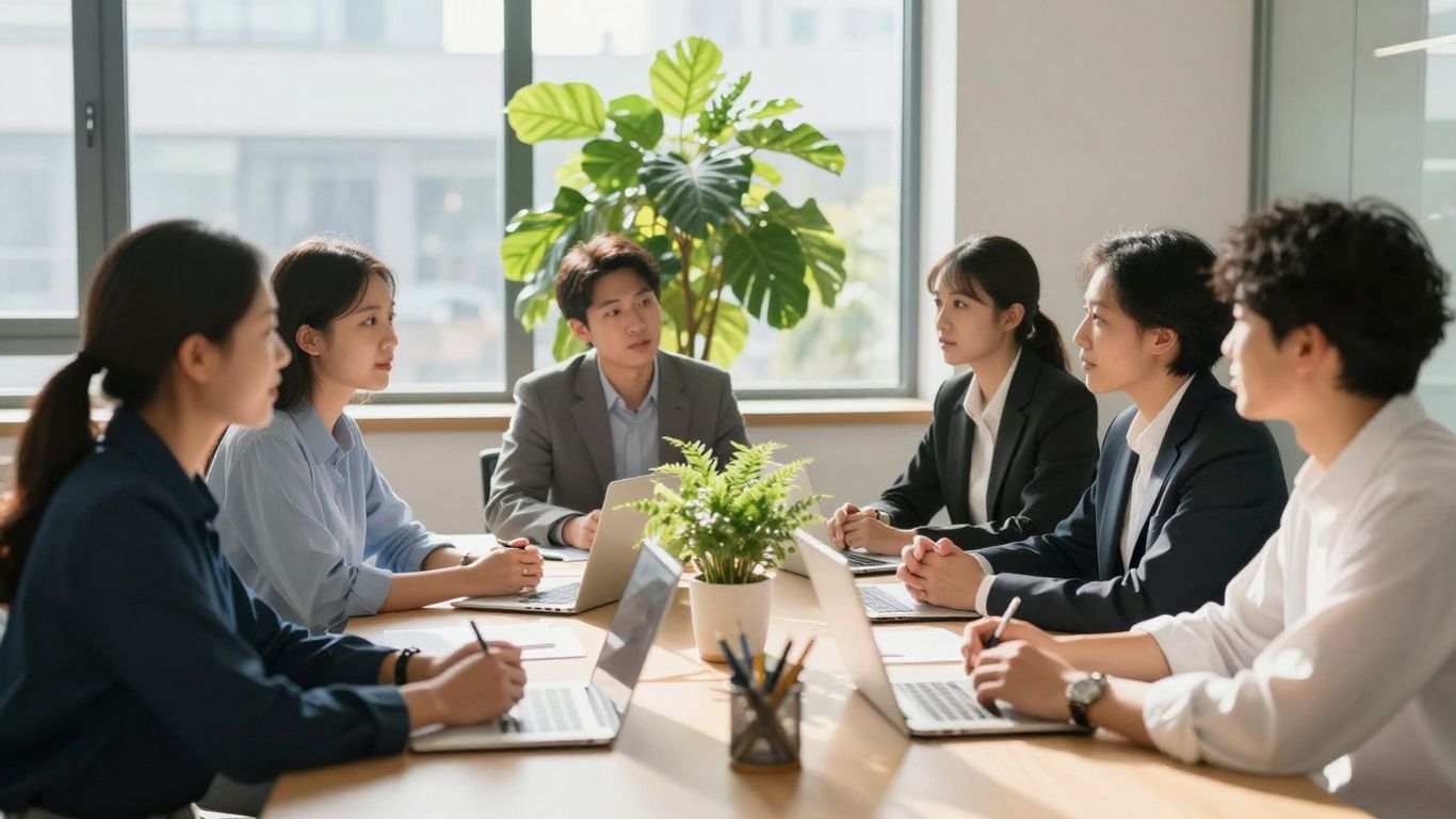 Professionals collaborating in a bright, modern office with a plant.