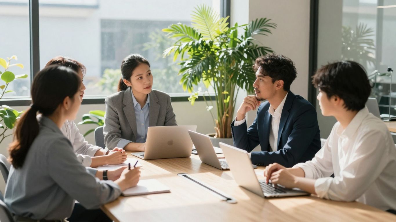 Professionals collaborating in a bright, modern office with plants.