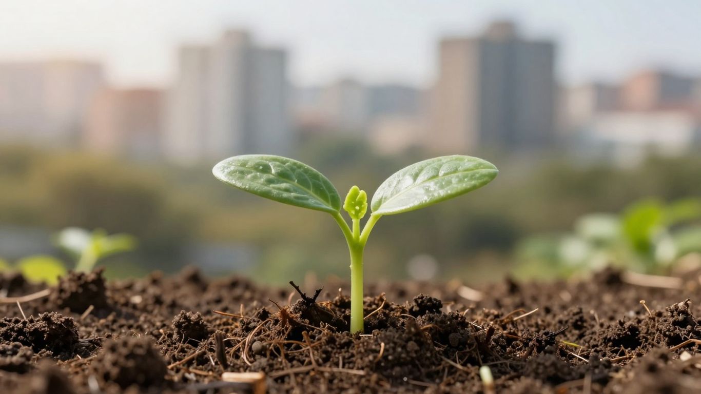 Green seedling growing from soil with cityscape background.