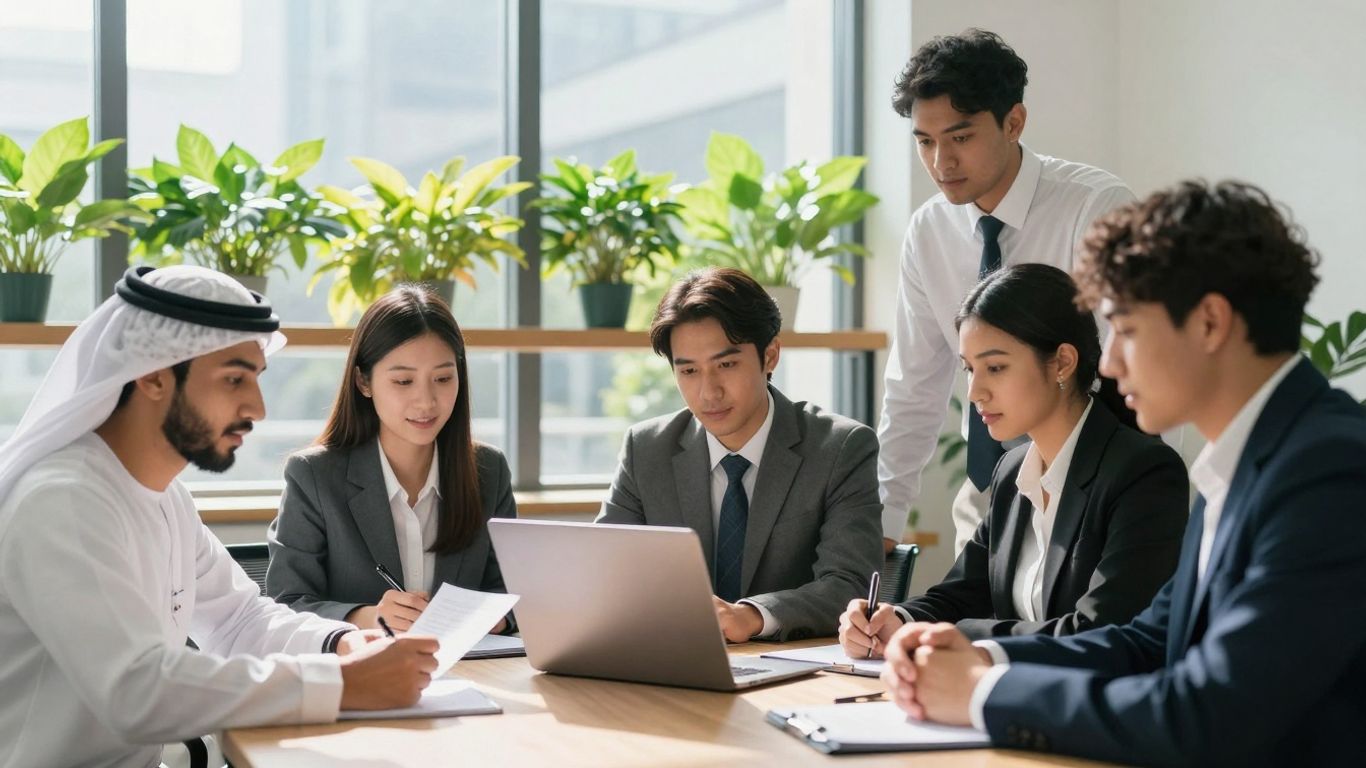 Professionals discussing sustainability goals in a bright office.
