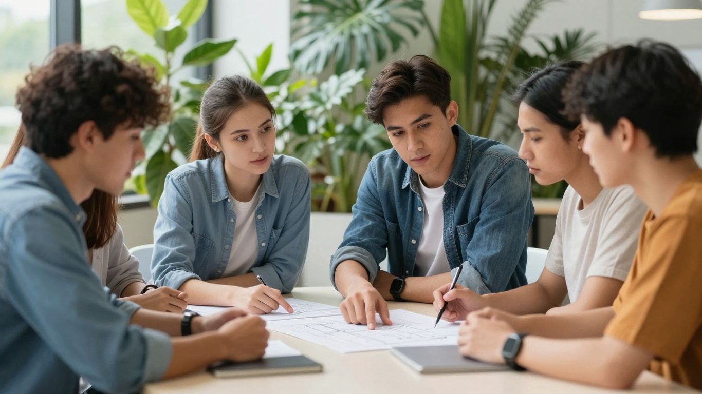 Students learning about sustainability management in a modern classroom.