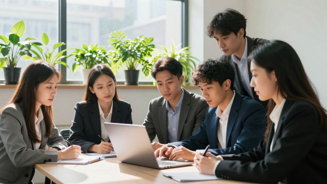 Professionals collaborating in a bright, plant-filled office.