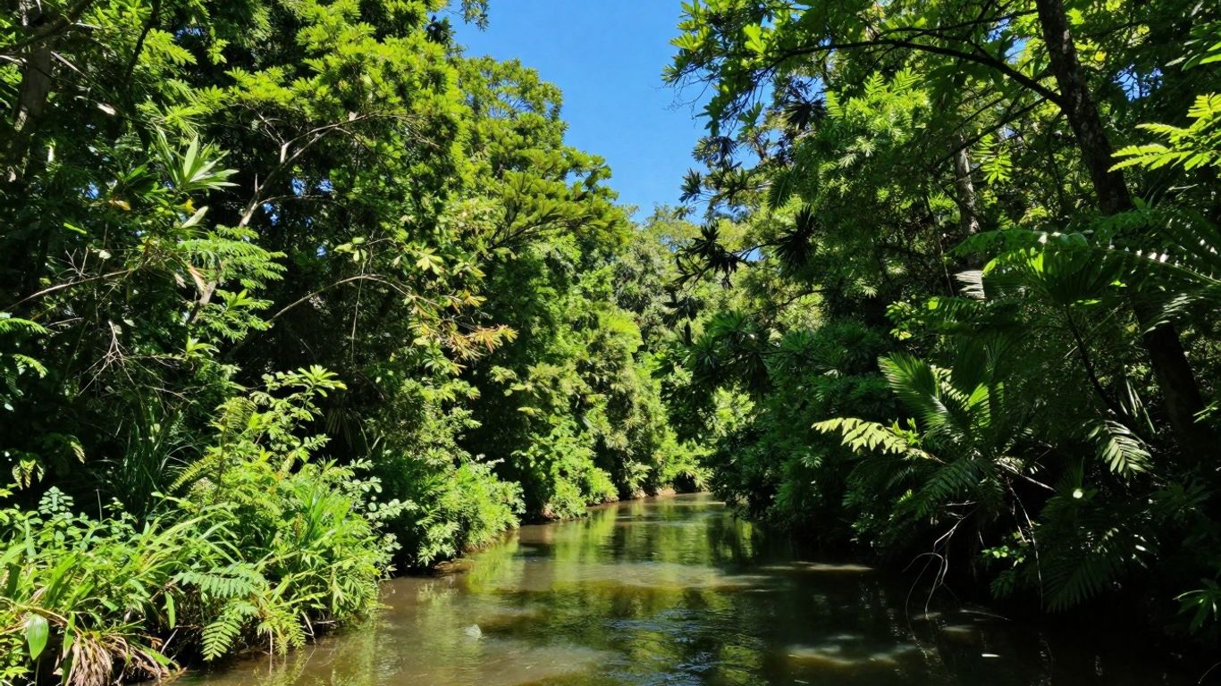 Lush green forest canopy with a river.