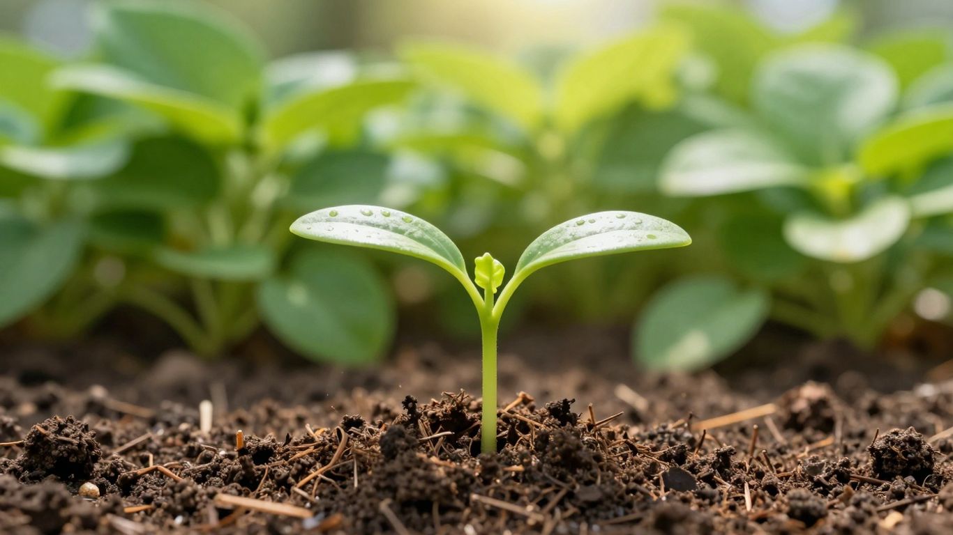 Green seedling growing from soil, symbolizing environmental growth.