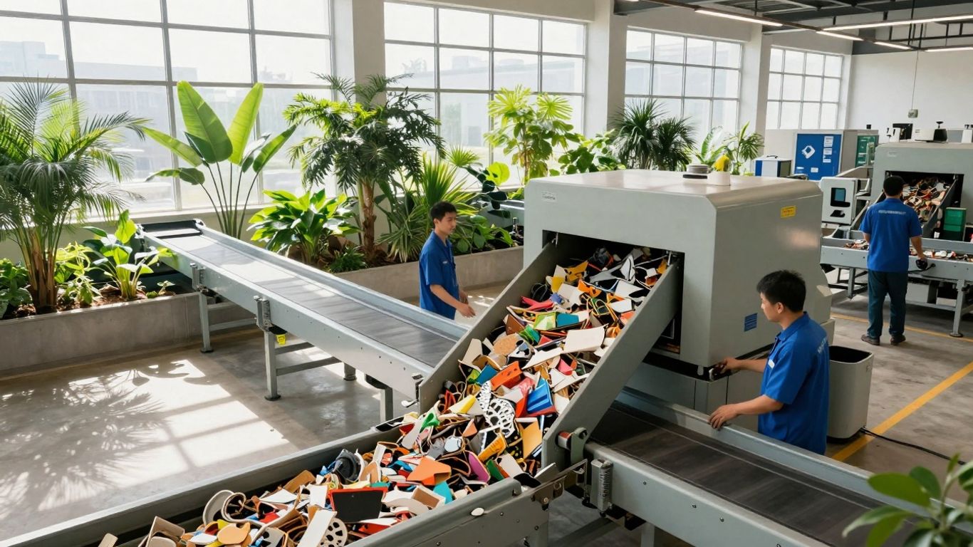 Modern recycling facility with sunlight and green plants.