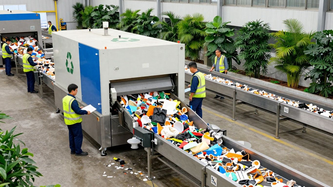 Modern recycling facility with advanced machinery and green plants.