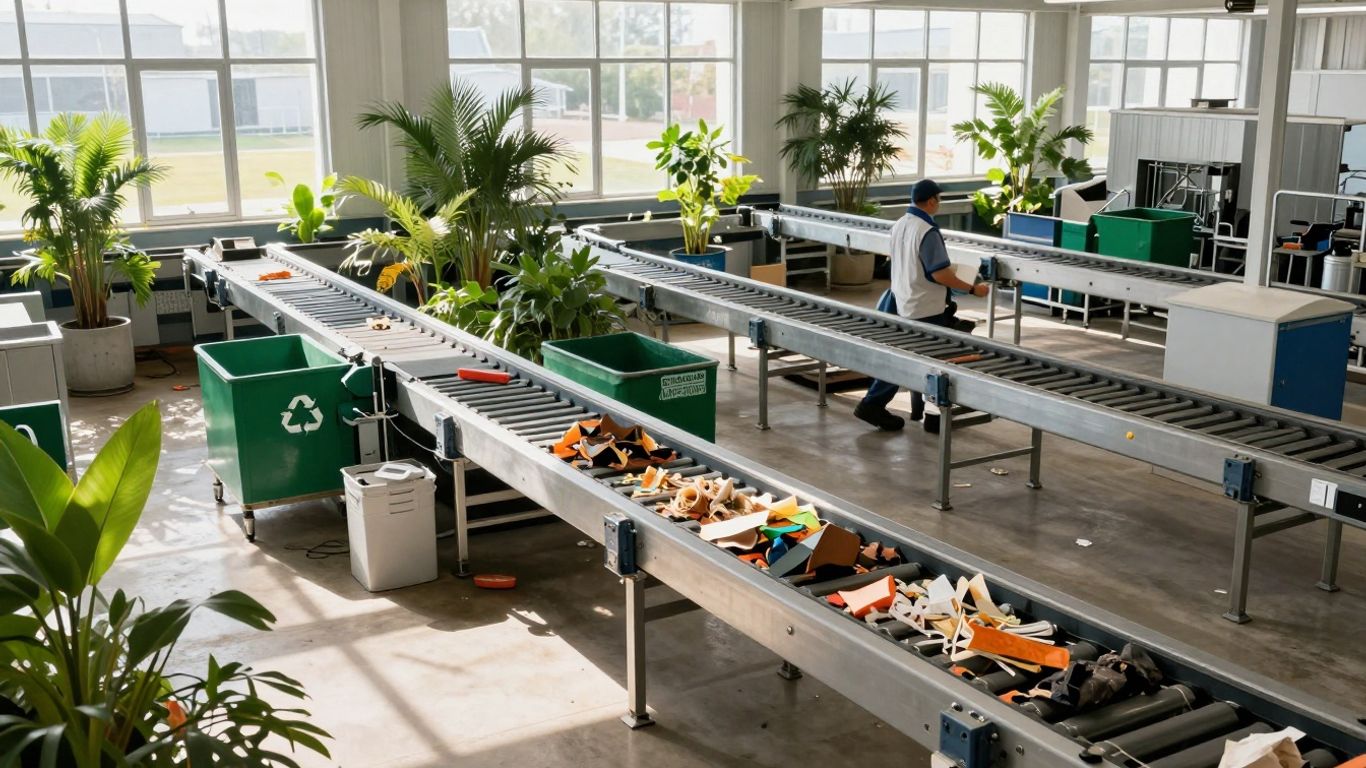 Modern recycling facility with natural light and greenery.