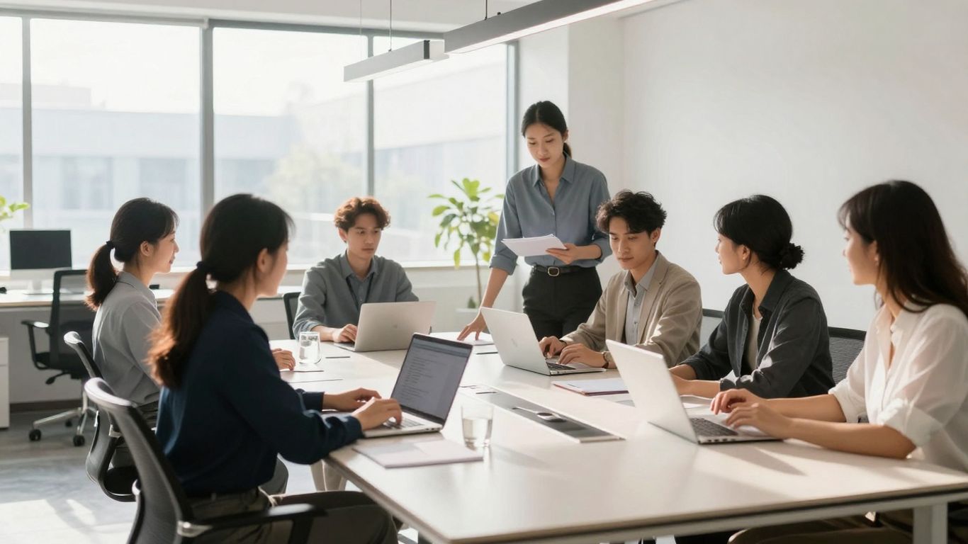 Goldman Sachs professionals collaborating in a modern office.