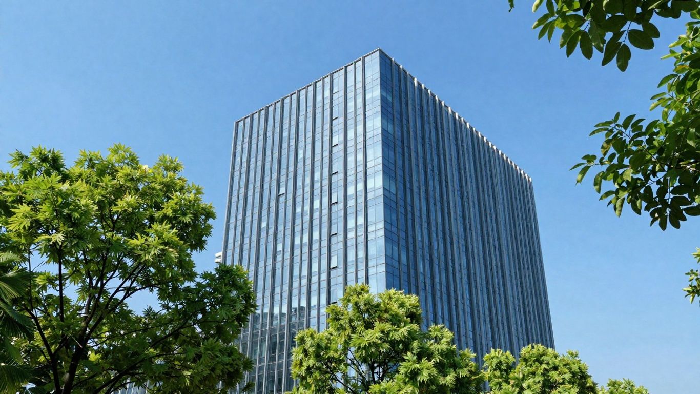 Goldman Sachs building with trees and sky.