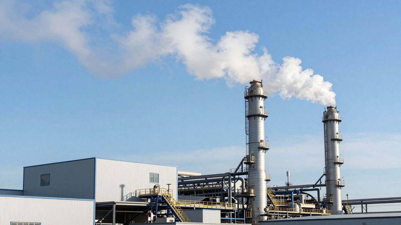 Factory emitting steam against a blue sky.