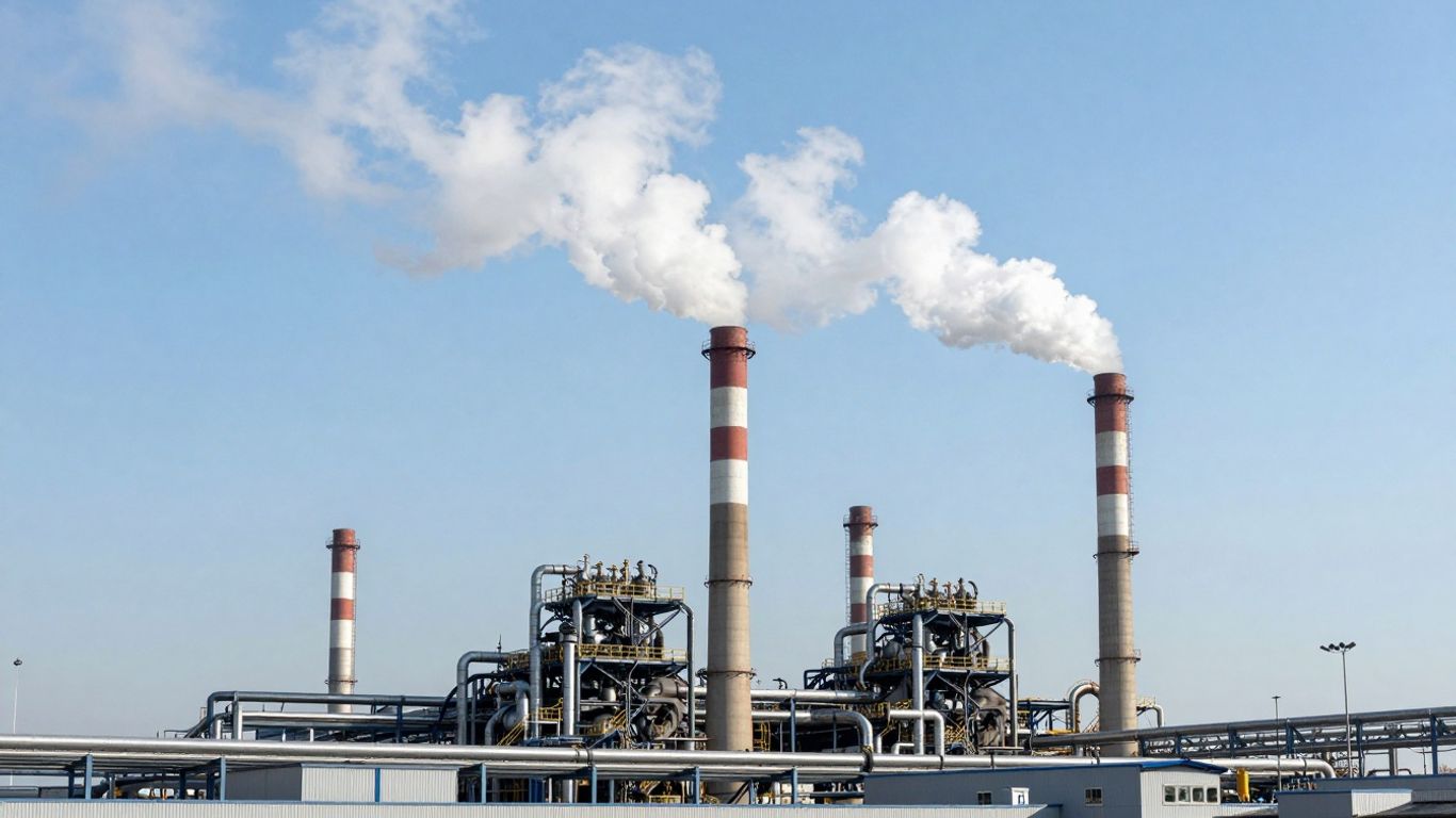 Industrial facility with smokestacks emitting vapor.