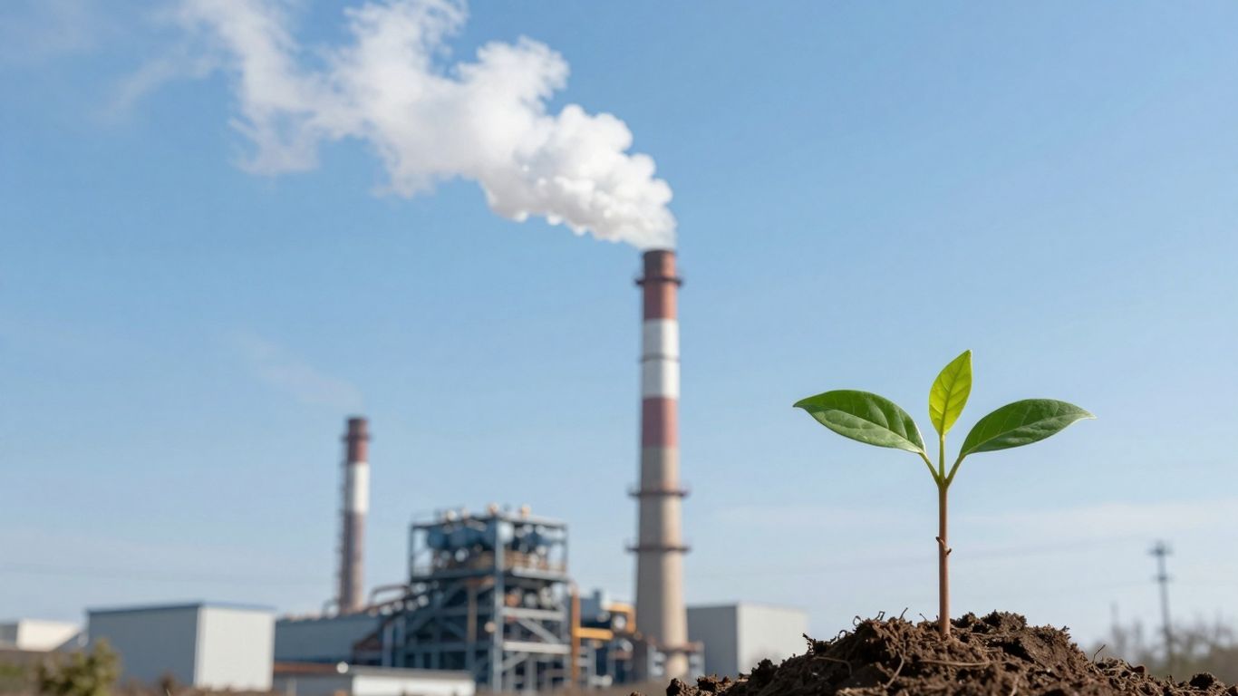Factory smokestack with green sapling nearby.