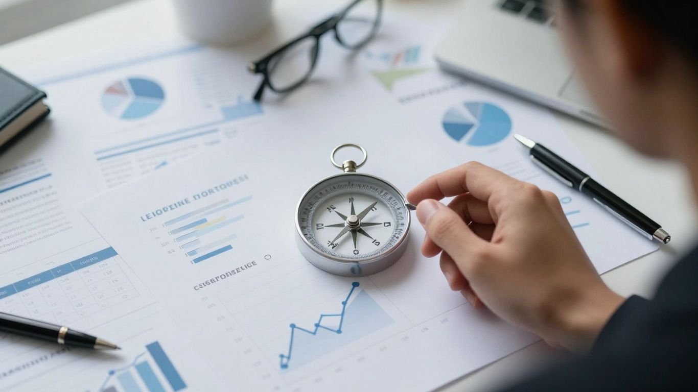 Financial documents and a compass indicating future growth.