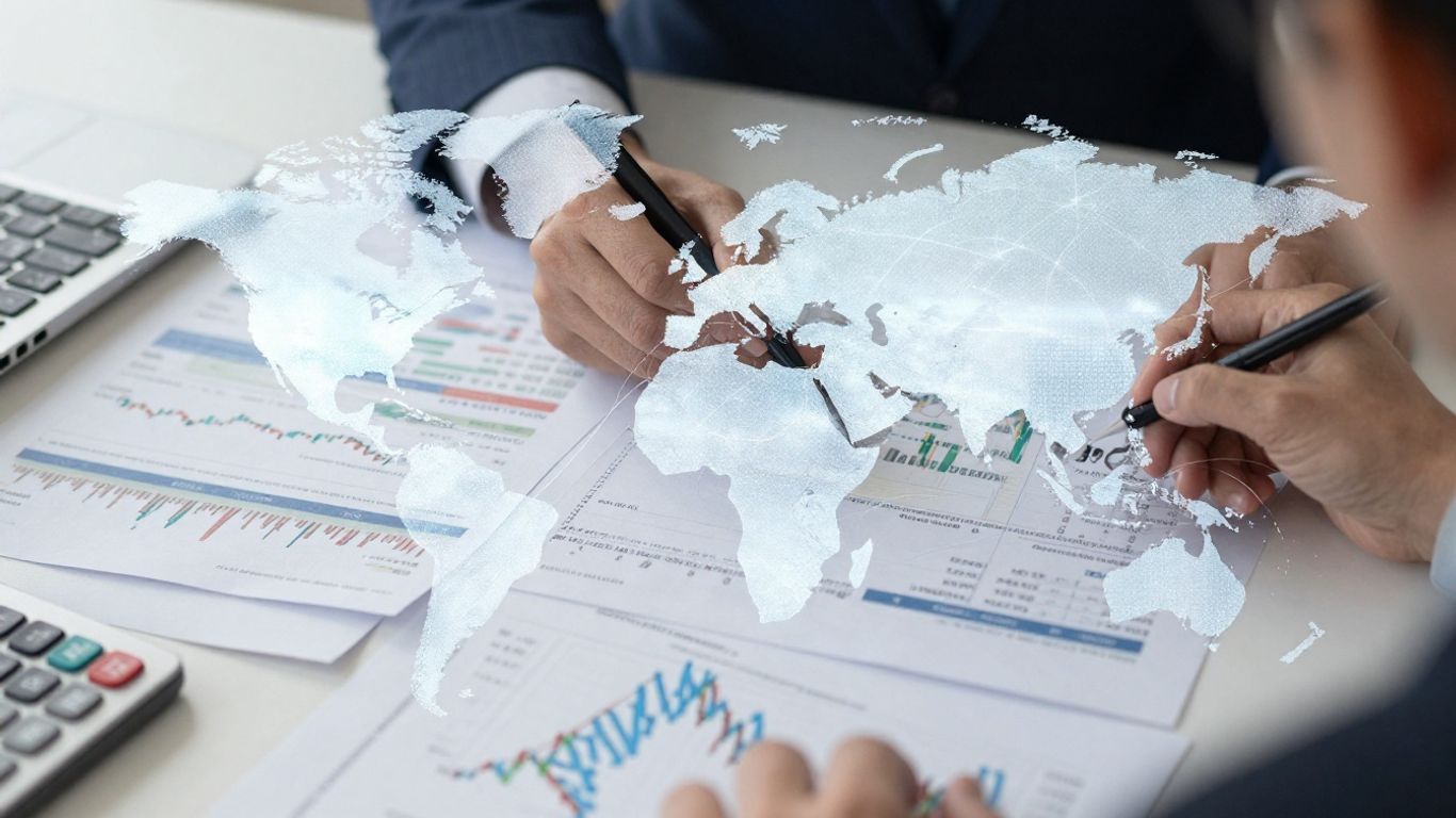 Financial documents and global connectivity abstractly depicted.