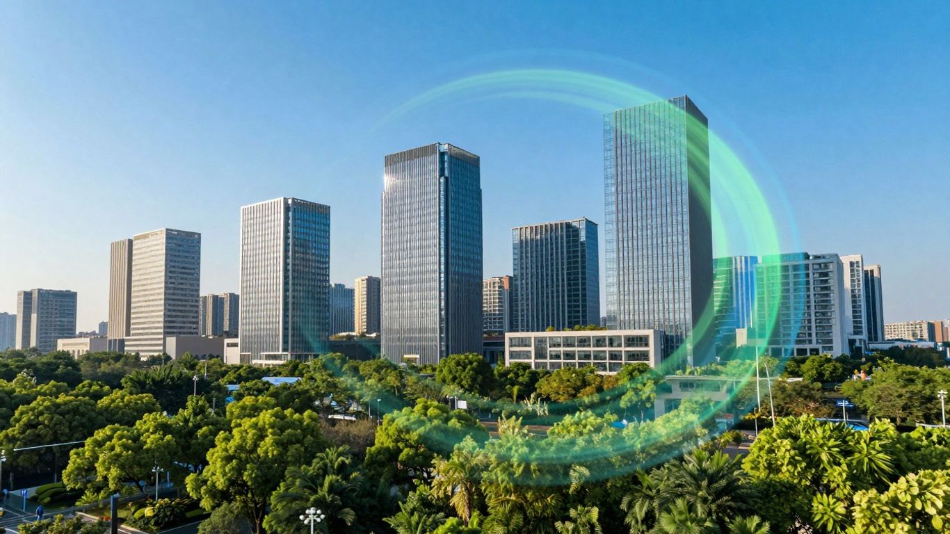Zurich cityscape with green elements and blue sky.