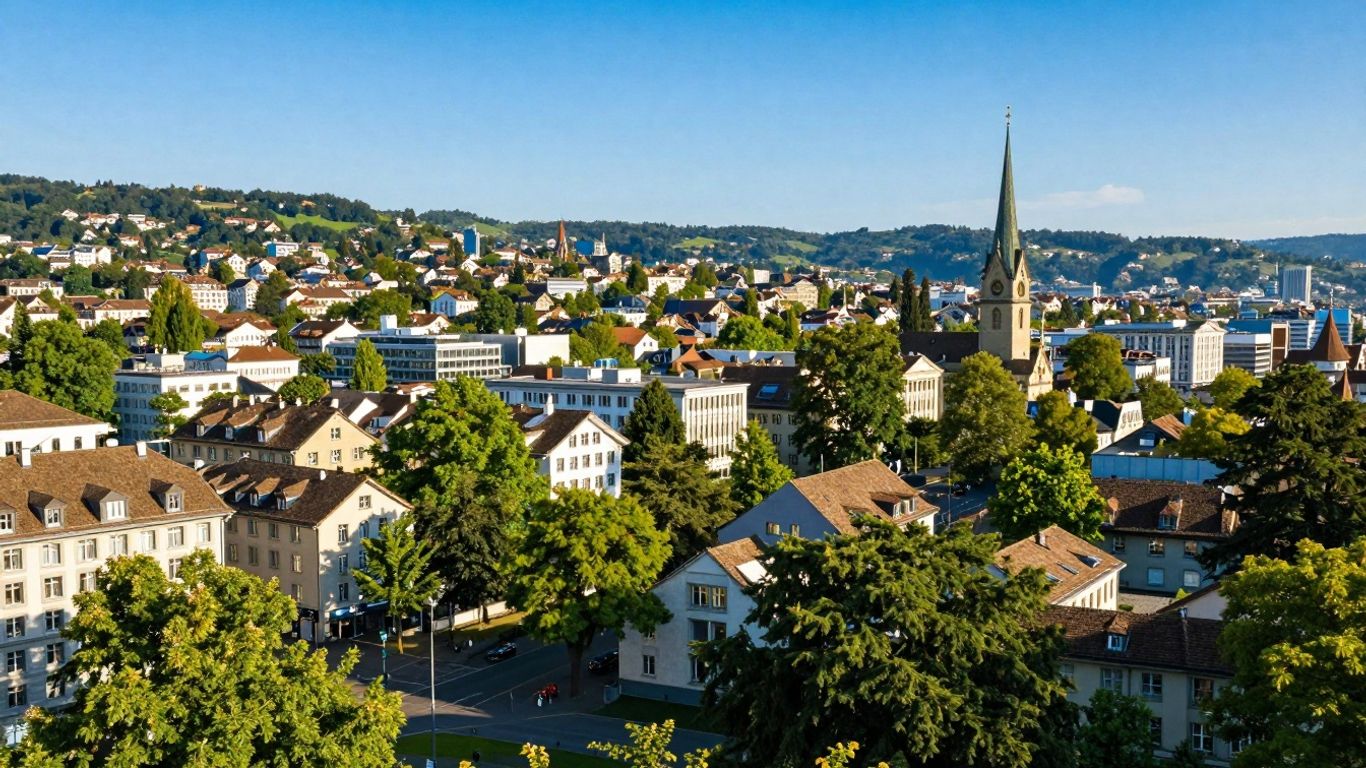 Zurich cityscape with green spaces and modern buildings.