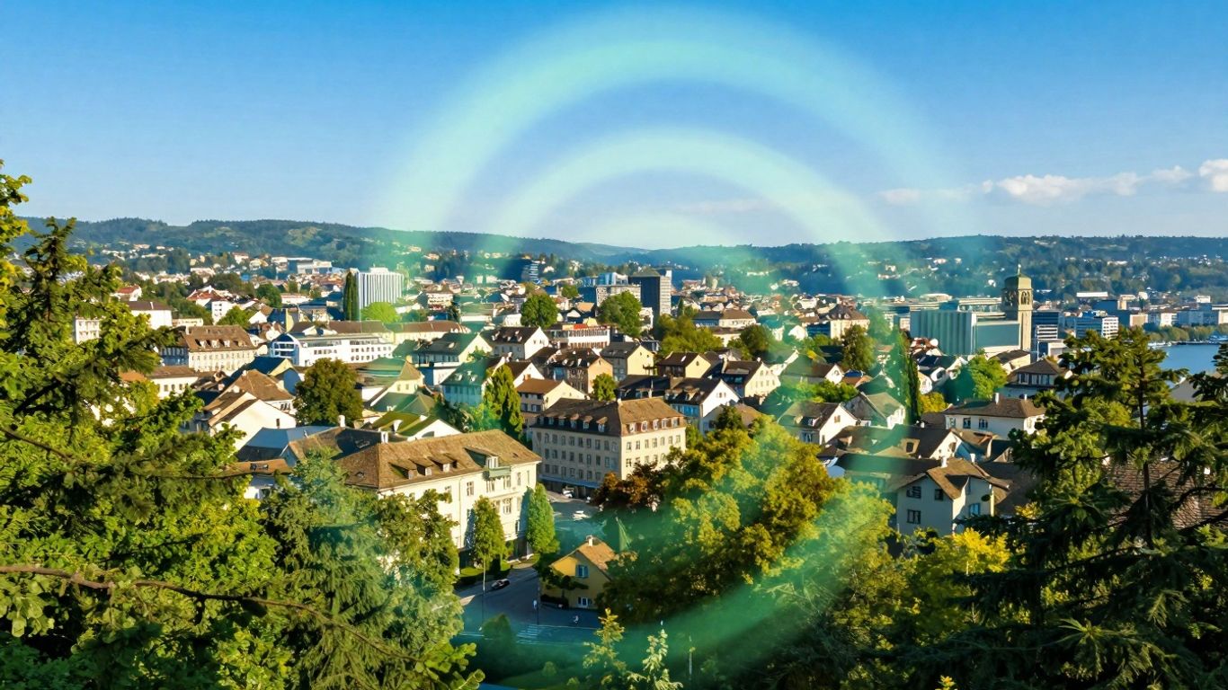 Zurich cityscape with green hues symbolizing sustainability.