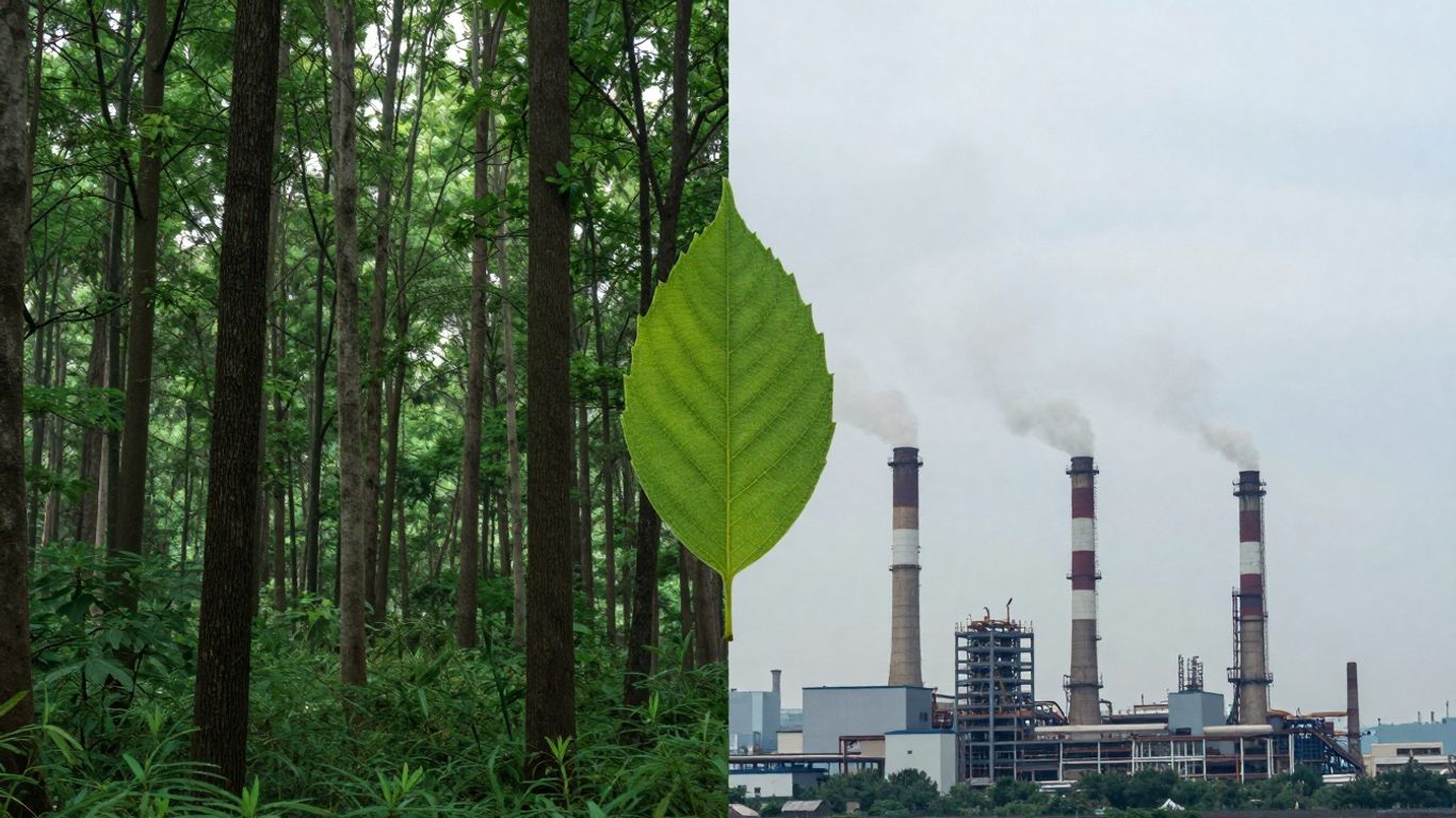 Green forest versus factory smoke with a leaf.