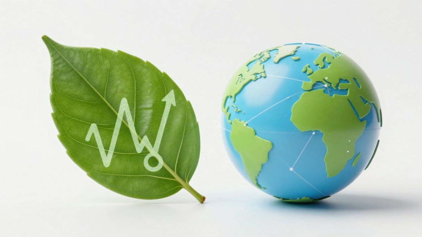 Green leaf and connected globe illustrating climate terms.